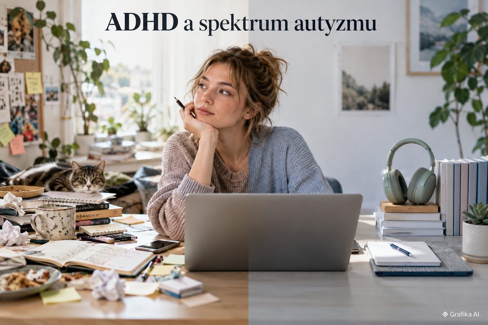 Osoba przy biurku – ilustracja podobieństw i różnic ADHD oraz spektrum autyzmu