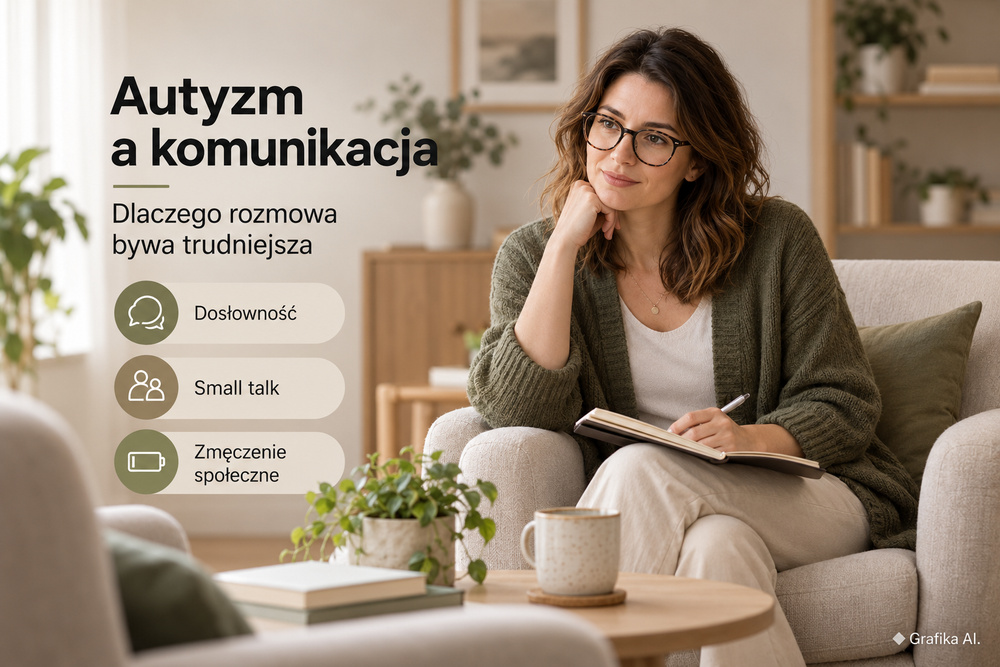 Ilustracja AI: kobieta z notesem podczas spokojnej rozmowy, obok hasła o autyzmie i komunikacji.