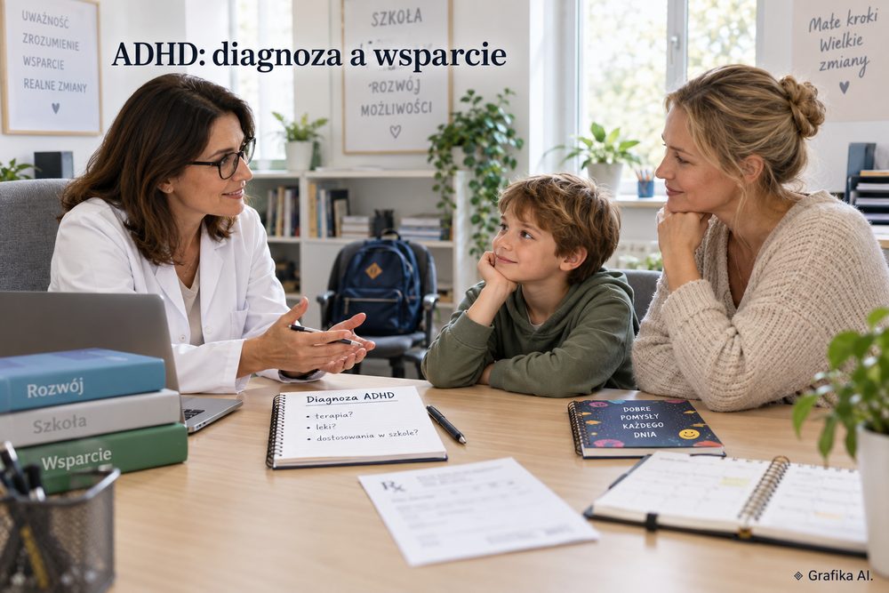 Rozmowa rodzica i dziecka ze specjalistką o diagnozie ADHD i wsparciu w szkole