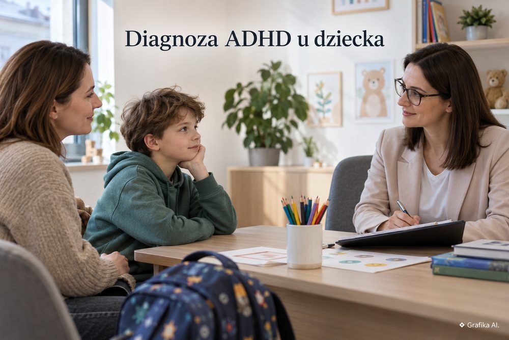 Dziecko i mama podczas konsultacji dotyczącej diagnozy ADHD w gabinecie specjalisty
